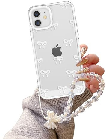 EYZUTAK Case for iPhone 11, Clear Cute Ribbon Bowknot Aesthetic Phone Case with Charm Bracelet Chain Raised Camera Protection Stylish Soft Durable TPU Protective Cover for Women Girls - White