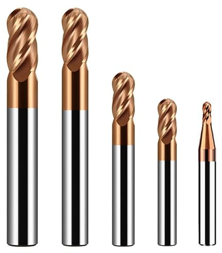 sisona 1/16 1/8 3/16 1/4 3/8 Carbide Ball Nose end Mill Bits Set - 5Pcs 4 Flutes TISIN Coated - for Alloy Steels, Hardened Steels