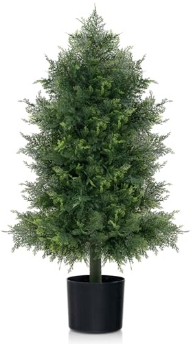 RELAX4LIFE Arbre Topiaire Artificiel 80 CM avec Feuilles en PE Réalistes | Faux Cèdre Pin avec Base en Plastique Coulée dans du Ciment, Plantes Persistantes pour Intérieur et Extérieur, Bureau