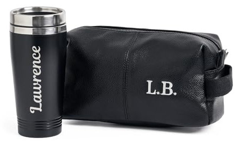 Personalised Embroidered Leather Wash Bag Gift Set with Engraved Travel Mug Coffee Present for Him, Dad, Brother, Black