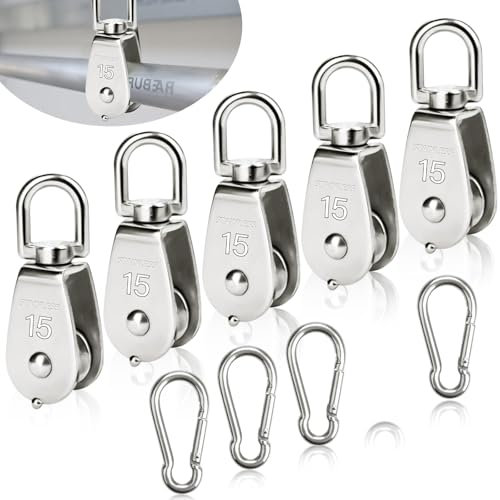 VEGCOO 10 Stück Edelstahl Seilrolle, Einschließlich 5 X M15 Seilrollen Und 5 X M4 Karabiner Für Seil Pulley, Geeignet Für Segeln, Fitness