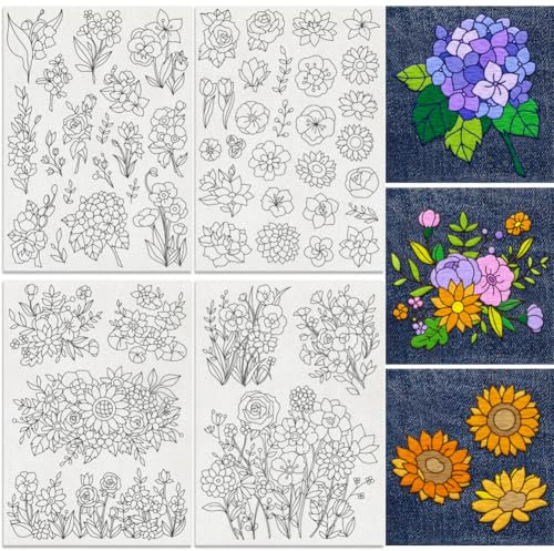DOODLREAM 43 modelli di ricamo stabilizzante con foglie floreali da 8,3 x 11,7 rosa girasole margherita bastone solubile 4 fogli di carta da ricamo acqua floreale per cucire a mano fai da te