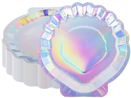 CEILIWEN 25-Pack Silver Seashell Paper Plates (9 inch/23cm) - Iridescent Party Tableware for Under The Sea Theme, Birthday, Baby Shower, Mermaid or Ocean Themed Celebrations (9 inch)