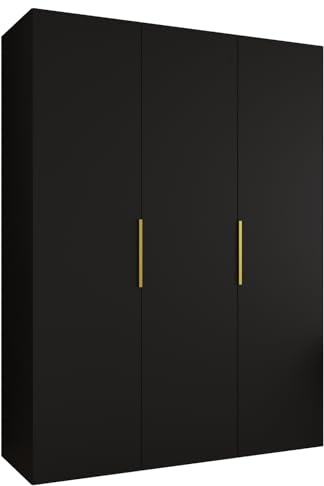 MEBLE KRYSPOL - Kleiderschrank - Drehtürenschrank - Schrank 150x202x52cm - Moderner Garderobenschrank Schlafzimmer, Flur, Jugendzimmer - Farbe Schwarz, Griff Gold - Marbella 1 150
