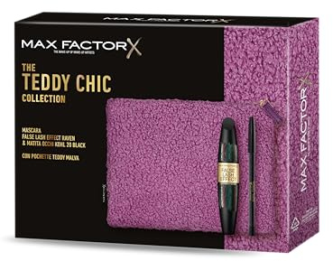 Max Factor, Cofanetto Regalo Donna Teddy Chic, Pochette in morbido tessuto teddy con Mascara False Lash Effect Raven Black + Matita Occhi Khol Kajal 20 Black