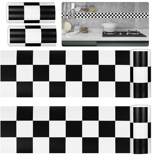 YOFAPA 4 Rolls Checkered Flag Cars Wallpaper Border - 7.9 Ft Self-Adhesive PVC Wall Sticker for Bathroom, Kitchen, and Car, Black and White Checkered Design, Easy Install and Cut