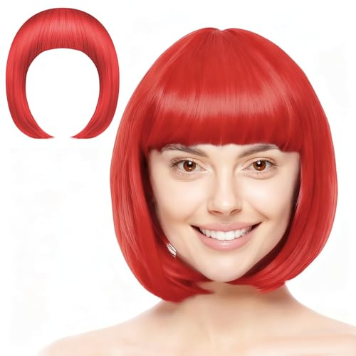 Uqingo Red Short Bob Wig, Synthetic Cosplay Party Daily Wig for Women, Fashion Lady Straight Hair Wigs with Bangs Natural Looking for Halloween Decorations, Neon Party Favors
