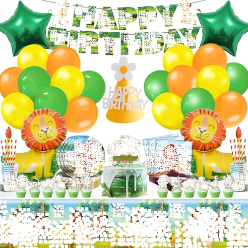100 Stück Löwen Geburtstagsdeko, Löwen Deko, Geburtstag Banner, Ballon, Tortendeko,Tischdecke, Geeignet für Kindergeburtstage und Mottoparty Dekorationen