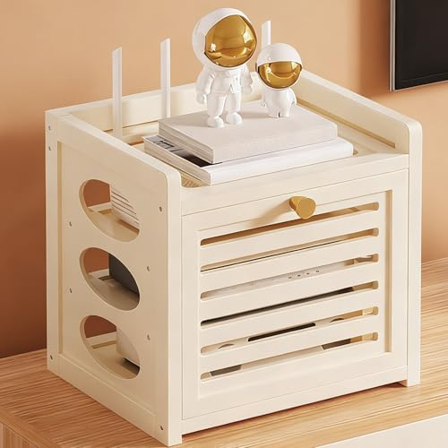 Biutimarden Bamboo WiFi Router Storage Box 4-tier Wireless Router Wifi Storage Box Pull-out shelf Power Cord Socket Storage Cable Management Storage for Home Bedroom (White)