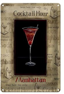 Femer Blechschild Alkohol 20x30 cm Cocktail hour Manhatten Glas Deko Schild