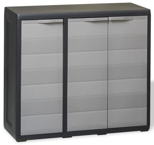 QUAHEAS Gartenschrank mit 2 Böden, Schwarz und Grau, 97x38x87 cm Polypropylen Outdoor Aufbewahrungsschrank, TÜV-GS-Zertifiziert, abschließbar für Garten, Terrasse, Werkzeuge