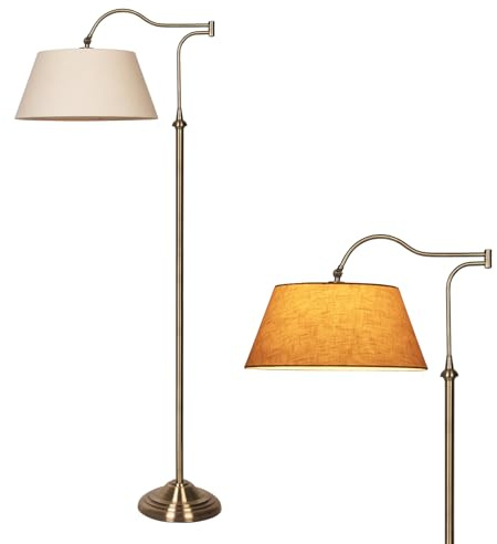 lianheng Swing Arm Floor Lamp, Brass Floor Lamps for Living Room with 180° Adjustable Cantilever, Beige Linen Lampshade, Mid Century Floor Lamp for Bedroom Office Home (Antique Brass