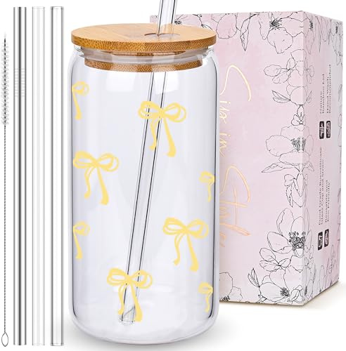 Coquette Cute Pastel Yellow Bow Summer Glass Cups with Lids and Straws, Aesthetic Iced Coffee Cup Girly Preppy Tumbler Mug, Christmas Valentines Birthday Gifts for Women, Teen Girl Gifts Trendy Stuff