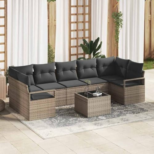 HGKMBRY Modulares Gartensofa-Set 8-teilig Grau aus Poly-Rattan mit Stahlrahmen und Glastisch für Terrasse Gartenmöbel Outdoor Relax