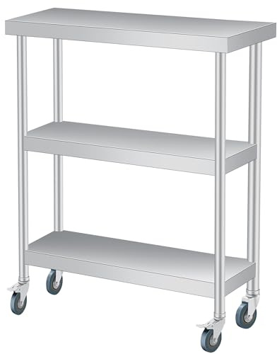 GarveeHome Edelstahl Arbeitstisch Küchenwagen Küchentisch, 2 & 3 Ebenen | 400kg Belastbar Servierwagen mit/ohne Rollen, Mehrzweck-Kücheninsel für Gastro, Küche, Werkstatt und Garage
