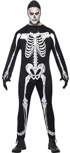Smiffys Skeleton Costume, Black with Jumpsuit, Hood & Gloves, Halloween Adult Fancy Dress, Skeleton Dress Up Costumes
