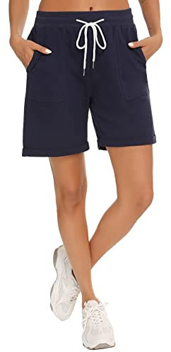 Enjyam Damen Bermuda Shorts 100% Baumwolle Sportliche Kurze Sweathose Lockere Strandshorts für Sport Freizeit Navyblau,XL
