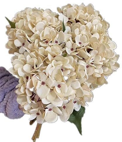 MANGGUO 5pcs Artificial Retro Color Hydrangea Flower Branch Faux Hydrangea Macrophylla for Wedding Centerpieces Home Party Floral Arrangement (Beige)
