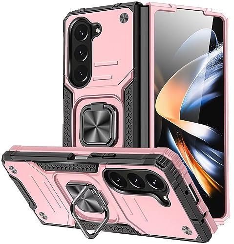 KANSi Cover per Samsung Galaxy Z Fold 5, Custodie Silicone TPU 360° Rotante Anello Magnetica Anello Ring Supporto Bumper - Rose Gold