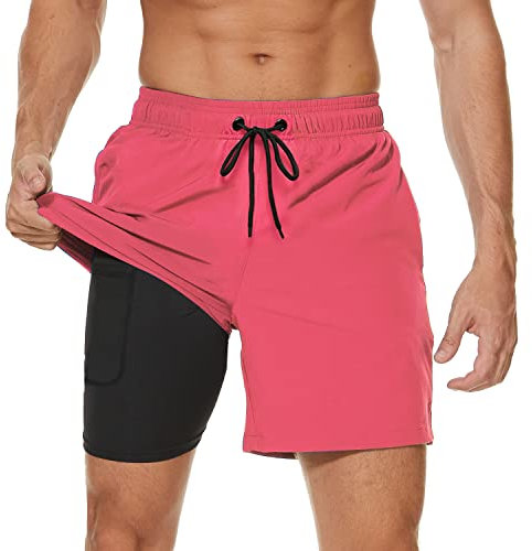 Arcweg Shorts de Bain Homme étanche Séchage Rapide 2 en 1 Maillot de Bain Homme avec Doublure de Compression Rose XL(EU