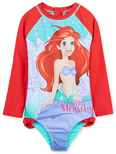 Disney Costumi Interi da Bagno per Bambine, Costume da Bagno Manica Lunga Set (Rosso Ariel, 4-5 Anni)