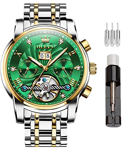 OLEVS Orologio Automatico da Uomo, Scheletrato con Tourbillon Senza Batteria, Lussuoso in Acciaio Inossidabile con Data, Meccanico Impermeabile e alla Moda