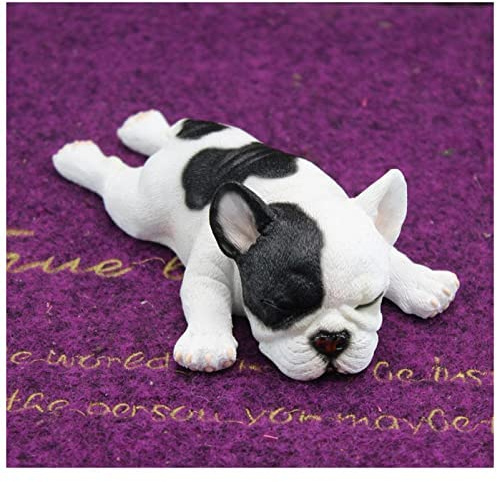 Mini Französische Bulldogge (Milchviehfarbener Welpe auf dem Bauch liegend) | Skulpturen Harz Tier Figur Ornamente für Auto Armaturenbrett Garten Home Pflanzentopf
