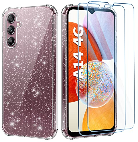 FLLAO Klar Glitzer Handyhülle Kompatibel mit Samsung Galaxy A14 5G /4G Hülle mit 2 Schutzfolie, Weiche TPU Silikon Transparent Stoßfest Schutzhülle Durchsichtige Kratzfest Case