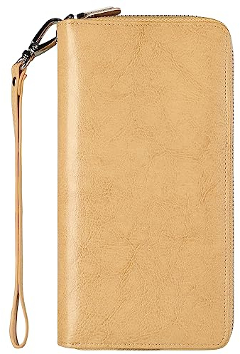 Lavemi Damen 100% Leder Doppelreißverschluss Große Kapazität RFID Blockierung Telefonhalter Clutch Reise Geldbörse mit Handschlaufe, Khaki, Einheitsgröße