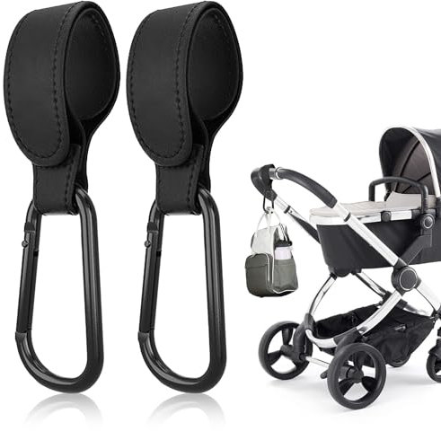 Schwarze Leder-Kinderwagen-Clips, 2 Stück, Buggy-Clips, Kinderwagen-Clips, Baby-Kinderwagen-Haken, robuster Kinderwagen-Clip für Einkaufstaschen/Mama-Wickeltasche/Rucksack (schwarz)