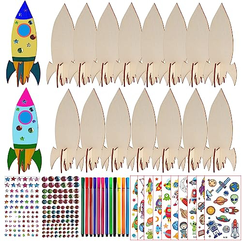 231Pcs Raketen Holz Bastelset, Raketen Spielzeug fürr Kinder, Kindergeburtstag Basteln, mit 15 Raketen Holz, 202 Strasssteine, 12 Farbstifte, 2 Aufkleber, Bastelset für Mädchen/Jungen DIY Handwerk