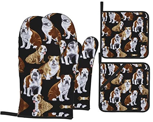 Bulldogs Inglese Stampa Impermeabile Guanti Antiscivolo 4 Pz Set Per Cottura Cottura Bbq Guanti Da Forno Resistenza Al Calore