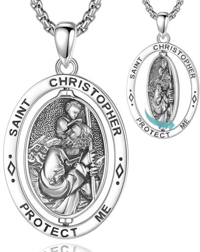EUDORA Harmony Ball 925 Argent Sterling St Christophe Médaille Saint Christophe Collier pour Femme Homme, Rotative St Christopher Pendentif Amulette Chrétienne Cadeau pour Fille Fils, 24+20