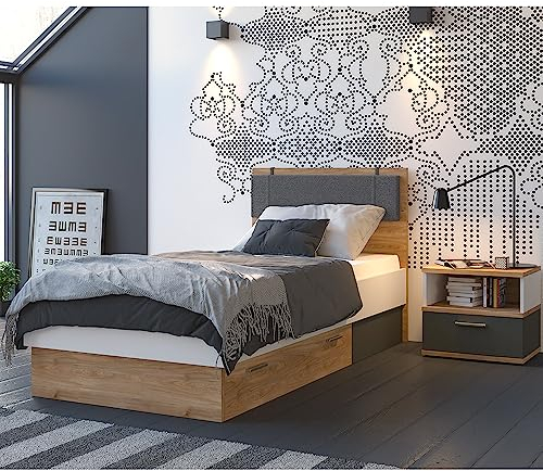 Lomadox Jugendzimmer Set 2-teilig mit Bett 90x200 cm und Nachttisch in Eiche Nb. mit weiß und grau