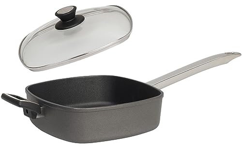 SKK Guss Bratpfanne 28x28 cm - ohne Induktion - quadratische Hochrand-Pfanne 2-tlg. mit Gegengriff - Edelstahlstiel & Deckel - Made in Germany