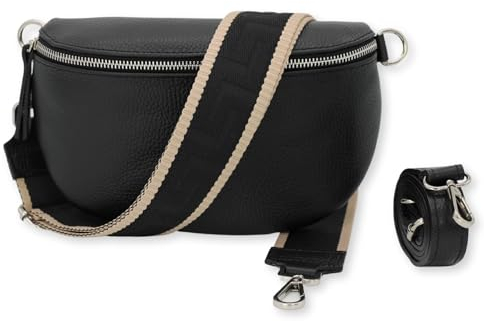 BRISE Bauchtasche Damen Echtleder SAHEL Silber Handgemachte Umhängetasche Crossbody Bag Hüfttasche mit Ledergurt + Optionalen Breiten Gemusterten Riemen Gürteltasche Made in Italy (Schwarz-Silber 2)