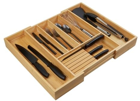 Orga-Box III BAMBUS Besteckeinsatz ausziehbar für Schubladenbreite von 40-60 cm für Nobilia Küchen ab August 2012 Holz-Besteckkasten mit 5-7 Fächer inkl. Messerblock