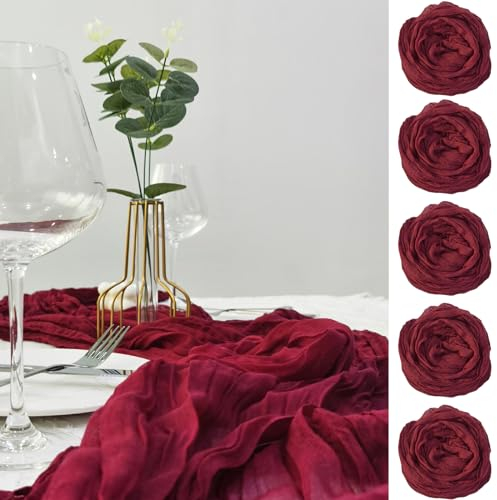 QeeFop 90 x 400 cm Tischläufer Burgunderfarben Musselin Stoff Tischdeko Hochzeit Boho Gaze Käsetuch Tischläufer für Hochzeit, Geburtstag, Tischdekoration (5 Stücke, Burgunderfarben)