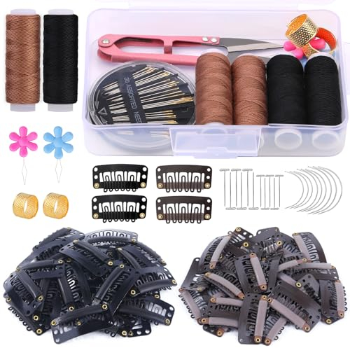 MASPHY 60 Stück Haarverlängerung Clips, Perücken Clips U Form Metall Haarteil Clips, Haarverlängerung Clips für Extensions Geflochten mit Nähnadel und Faden Zubehör