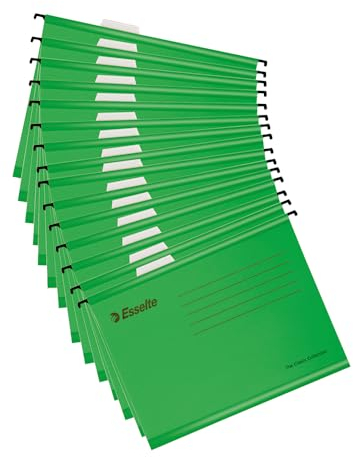 Esselte A4 Hängeregister aus verstärktem Karton, 15er-Set, Mappe aus stabilem, 100% recyceltem Karton, mit Taben, für Akten und Unterlagen in Büro, Schule, Home Office, grün, 628807