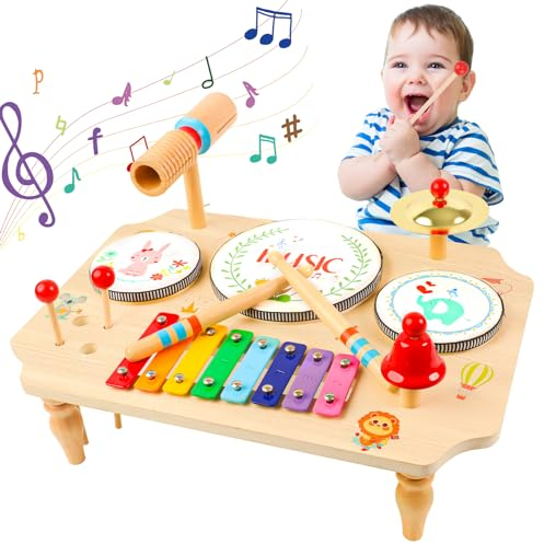 LZDMY Schlagzeug Kinder, 11-in-1 Trommel Musikinstrumente für Kinder ab 1 2 3 Jahr mit Xylophon, Kinderspielzeug Holzspielzeug für Ostern Weihnacht Geschenk Junge Mädchen