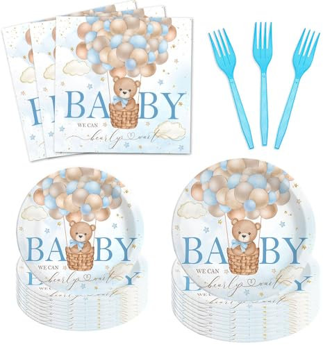 Fitumiw 96Pcs Blue Bear Baby Shower Party Tableware Supplies Bear Plates and Napkins We Can Bearly Wait Party Set Baby Shower Decorations for Boy Serve 24 Guests
