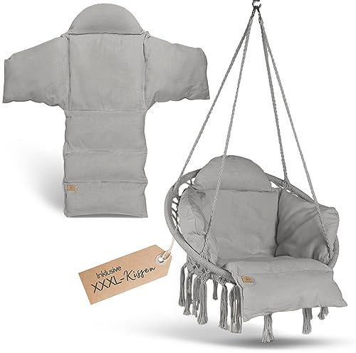 BELLAMATILDA® HÄNGESESSEL mit Korb und XXL Kissen | Sehr weicher Hängestuhl Outdoor & Indoor | XXL Hängesitz für Erwachsene & Kinder bis 150 kg | Garten, Wohnzimmer, Balkon (Grey)