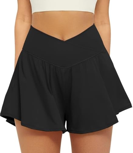 Friptspyg Hosenrock Damen Kurze Sporthose Damen Sport Shorts Kurz Laufshorts 2 in 1 mit Tasche V High Waist Sommer Stretch Tennis Shorts, Schwarz M