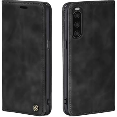 LBH Handyhülle für Sony Xperia 10 II in Schwarz mit Karten- und Geldfach Smartphone Hülle mit Standfunktion Flip Case Schutzhülle Magnetverschluss Vintage
