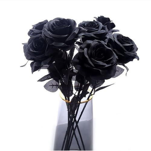 NatureMan Lot de 10 roses artificielles en soie pour Halloween, ne se décolorent pas, à tige unique, pour décoration d'intérieur, bouquet de mariée, décoration d'Halloween (noir)