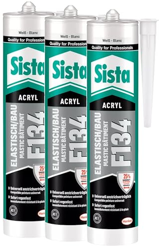 Sista F134 Elastisch/Bau, elastischer Acrylat-Dichtstoff für stark dehnungsbeanspruchte Anschlussfugen im Hochbau und an Wärmedämm-Verbundsystemen, weiß, 3x 300ml