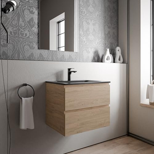 Bernstein Badmöbel-Set AVA 60cm bestehend aus Mineralguss-Waschbecken mit Unterschrank in Eiche honiggold, Waschtisch Cream - Schwarz matt mit Hahnloch, Ideal für Kleine Bäder und Gäste-WCs