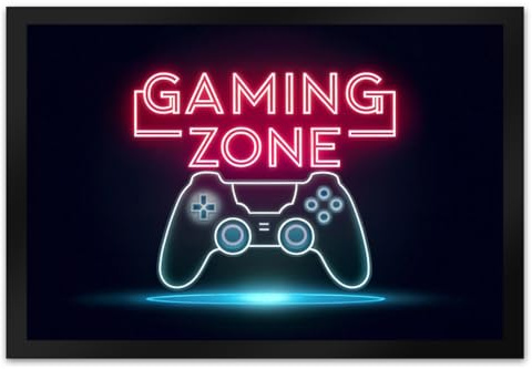 speecheese Gaming Zone Controller Fußmatte XL in 40x60 cm in Neonschrift Schriftzug Controller Blauton Dunkler Hintergrund Modernes Design