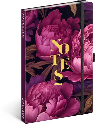NOTIQUE Notizbuch Liniert mit Gummiband 13x21cm ca. A5, Designer Hardcover Notebook, Notizblock, Notizheft, Journal, Tagebuch für Erwachsene, Damen (Lila Blumen)